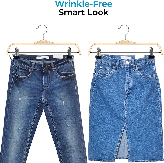 JS HANGER Natural Wooden Pants Hangers with Clips, 16 Pack Wood Skirt Hangers Trouser Hanger for Jeans, Slacks, Shorts with 2-Adjustable Clips