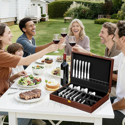 Solid Walnut Silverware Storage Box,Silverware Chest Case with Black Felt Lined,Wood Flatware Storage Box for 12 sets of Utensils,Silverware Chest without Silverware,Silverware Organizer with Lid