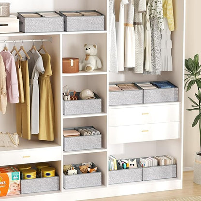 DIMJ Large Closet Shelf Organizer Bins 6 Packs with Handles and Divider, Fabric Trapezoid Storage Baskets, Foldable Clothes Containers Box for Shelf, Towel, Book, Toy, Purse, Hats, Grey