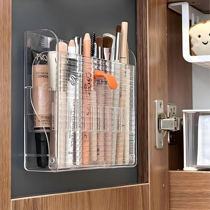 Wall-mounted Makeup Organizers, 16-Slot Eyeliner Lip Liner Organizer Holder, Makeup Organizer for Brush, Makeup Pencils, Concealer Pencil Display Case for Vanity Bathroom (Transparent White)