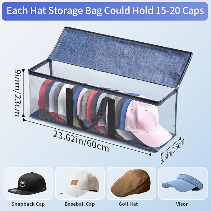 Hat Storage for Baseball Caps, Non-woven Wide Hat Organizer, Large Sports Hat Storage Bag, Hat Racks Holder for Closet with Handles, Hat Organizer Case for Home (Grey, 4Pack)