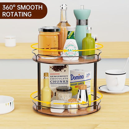 12.4" Lazy Susan Organizer 2 Tier, Rotating Spice Rack, Wooden Spinning Spice Holder for Inside Cabinet, Pantry, Kitchen, Countertop, Bathroom and Vanity, Versatile Storage