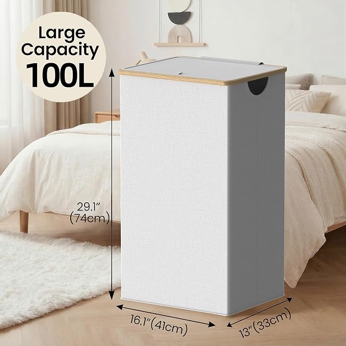 efluky Laundry Basket with Lid and Removable Bag, 100L Tall Laundry Hamper with Bamboo Handles, Aesthetic Dirty Clothes Bin for Laundry Room, Bathroom, Bedroom and Dorm, Light Grey