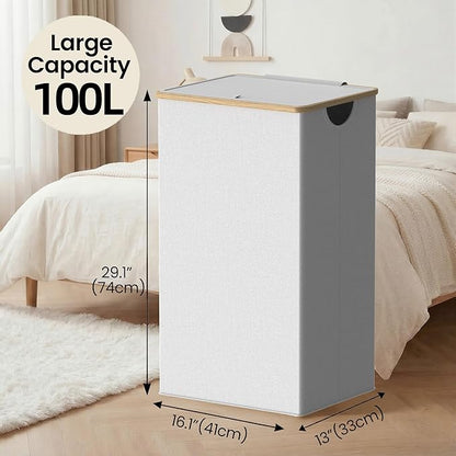 efluky Laundry Basket with Lid and Removable Bag, 100L Tall Laundry Hamper with Bamboo Handles, Aesthetic Dirty Clothes Bin for Laundry Room, Bathroom, Bedroom and Dorm, Light Grey