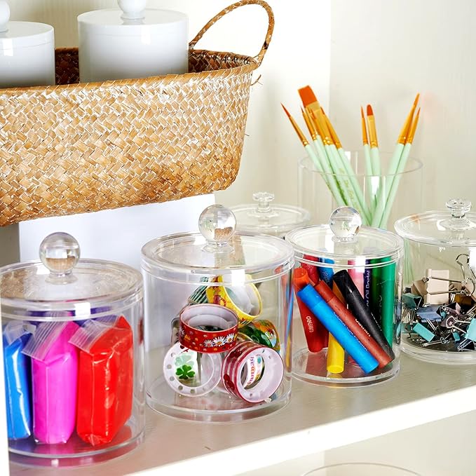 SheeChung 3-Pack Clear Acrylic Qtip Holder with Labels – Shatterproof Plastic Apothecary Jars for Bathroom Organization – Vanity Cotton Swab Holder Canisters for Cotton Balls,Pads,Floss Picks