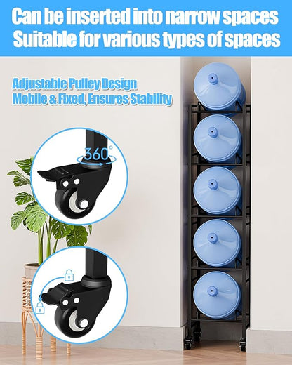5 Gallon Water Jug Holder, Movable 5 Tier Heavy Duty Water Rack with 4 Wheels, Rack for Water Jug Storage, Space Saving Water Stand for Five 5 Gallon Water Jugs, Black