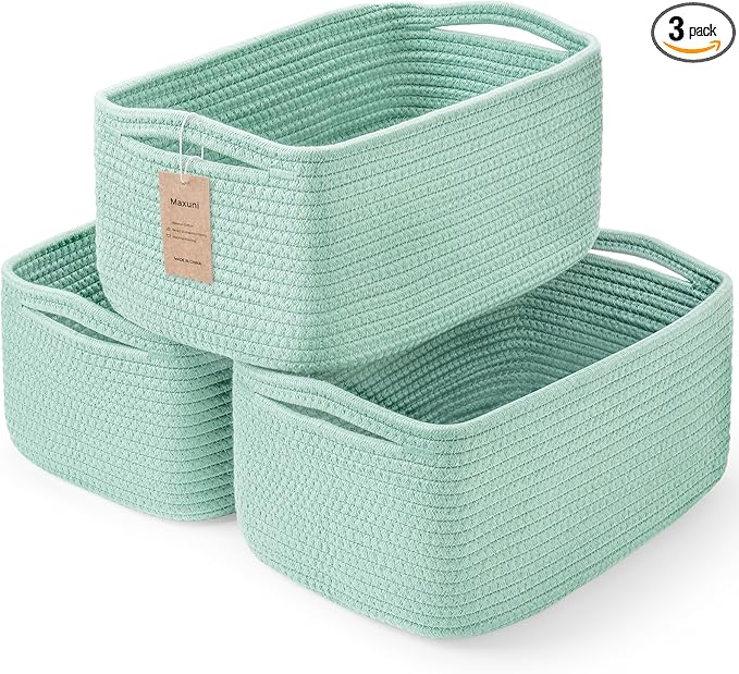 3-Pack Storage Baskets for Organizing | Woven Shelf Toy Basket | Rope Baskets for Gifts Empty | Closet Organizer Bins with Handles | Cube Decorative Box | 13.7×7.1×6.7” | Light Green