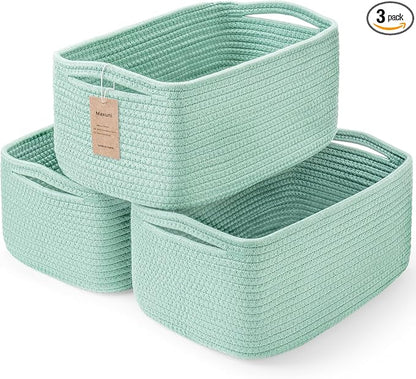 3-Pack Storage Baskets for Organizing | Woven Shelf Toy Basket | Rope Baskets for Gifts Empty | Closet Organizer Bins with Handles | Cube Decorative Box | 13.7×7.1×6.7” | Light Green
