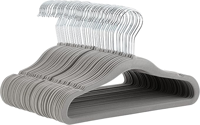 Amazon Basics Kids Space Saving Velvet Non-Slip Clothes Hangers with Shoulder Notches for Infant and Toddler, Sturdy, 11.6", Gray, 50-Pack