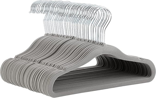 Amazon Basics Kids Space Saving Velvet Non-Slip Clothes Hangers with Shoulder Notches for Infant and Toddler, Sturdy, 11.6", Gray, 50-Pack