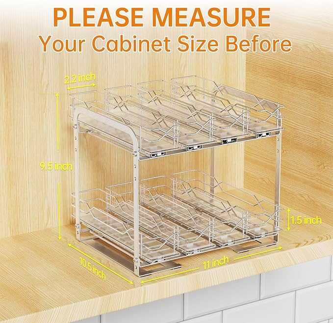 Pull Out Spice Rack Organizer for Cabinet, 2 Tier Individual Slide Drawer, Chrome Cabinet Spice Organizer, Fits 4oz Spice Jars(Max Diameter 2.0in), Height Adjustable Spice Rack,2 Installation Methods