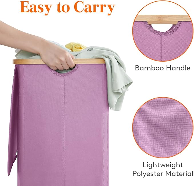Lifewit 100L Laundry Basket with Lid, Clothes Hampers for Laundry with Bamboo Handles and 1 Removable Bag, Large Foldable Laundry Hamper for Bedroom, Bathroom, Dorm, Laundry Room, Purple