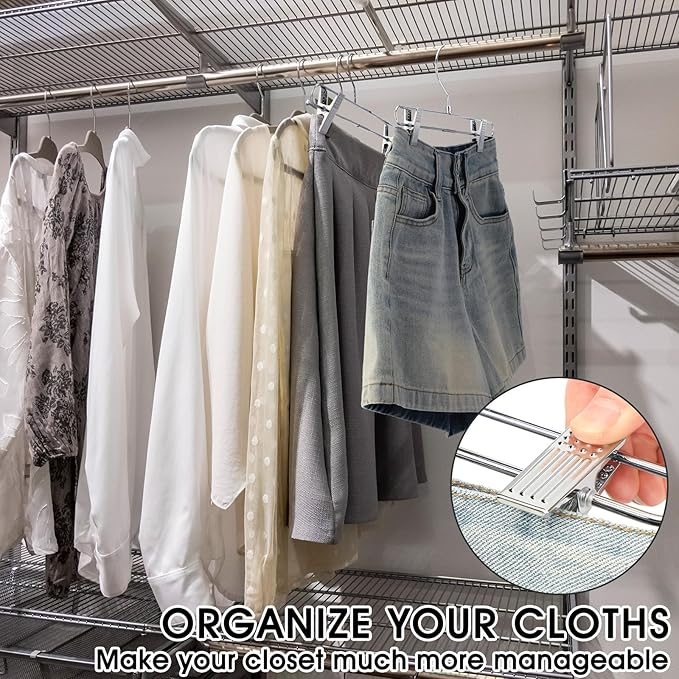 12 Pcs Metal Chrome Pant & Skirt Hanger Set with 360-degree Swivel Hooks, Metal Pant Hangers with 2-Adjustable Clip Anti-Rust Hangers for Skirt, Jeans, Slacks & Trousers