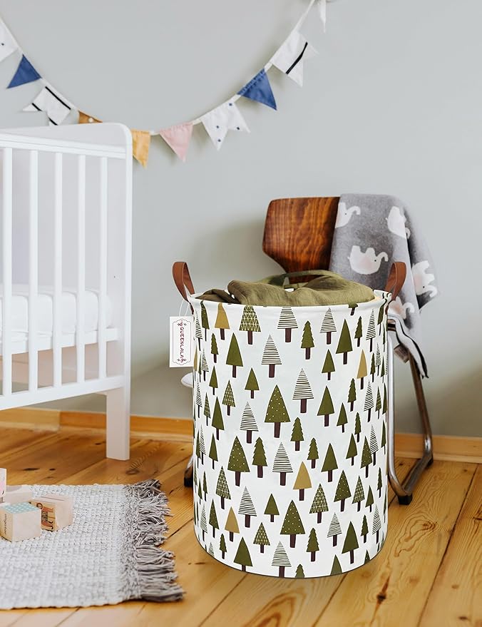QUEENLALA Large Storage Basket,Laundry Hamper/Bathroom/Home Decor/Collapsible Round Storage Bin,Boys and Girls Hamper/Boxes/Clothing(Green forest)