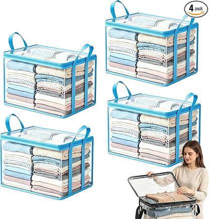 Large Heavy-Duty Thick Plastic Clear Storage Bag for Clothes, Plastic Storage Box with Hinged Lid, Heavy-Duty Durable High Capacity Organizer, Perfect for Home, Travel, Attic and Moving (4, Blue)