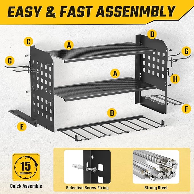 SUNALLY Power Tool Organizer, Heavy Duty Wall Mount Tool Organizer 3 Layers with 4 Drill Holders, Garage Tools Storage Rack with 2 Side Pegboards and Hooks for Workshop, Shed, Black