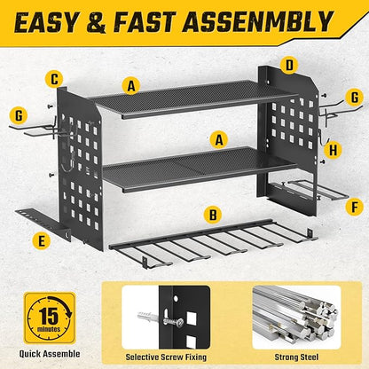 SUNALLY Power Tool Organizer, Heavy Duty Wall Mount Tool Organizer 3 Layers with 4 Drill Holders, Garage Tools Storage Rack with 2 Side Pegboards and Hooks for Workshop, Shed, Black