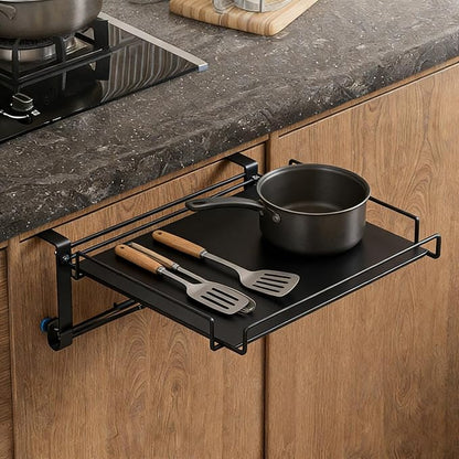 Foldable Cabinet Door Organizer Shelf & Countertop Extender - Metal Storage Rack with Hanging Design,Space-Saving Kitchen Hanging Shelf for Spices, Utensils & Pantry Items (Black)