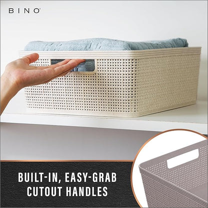 BINO | Woven Plastic Basket | Small (Natural Grey), 4-Pack | THE JUTE COLLECTION | Home Organization, Space - Saving Storage, Stylish Design | Jute Basket | Plastic Storage Basket