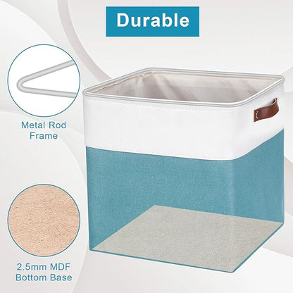 Bagnizer 13x13 Cube Storage Bins, Collapsible Fabric Storage Box, 4 Pack Closet Baskets with Handles for Organizing, Shelf, Toys, Clothes, Home, Office, Nursery (Teal&White)