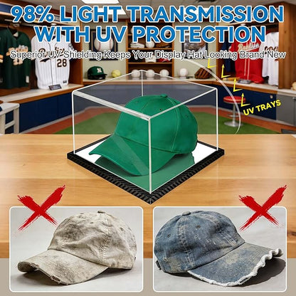 Clear Hat Display Case Acrylic Baseball Cap Holder Stand Transparent Hat Storage Box Dustproof Square UV Protection Cabinet with Carbon Fiber Skin Base and Removable Mirror Base