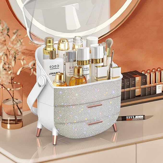Ptesly Teen Girls Gift Makeup Organizer,Skincare Organizer Jewelry Storage,Cosmetics Storage and Display Case,Make Up Holders and Organizers for Countertop,Bathroom Organizer (Pearl White)