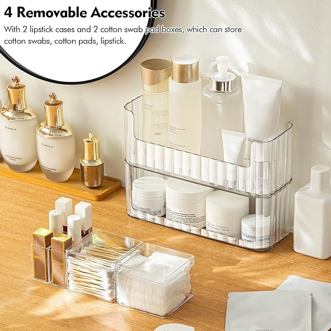 Poeland 2 Pack Stackable Makeup Organizer Tray, Transparent Cosmetic Display Case with 2 Lipstick Cases and 2 Cotton Swab Pad Boxes, Medicine Cabinet Shelves Organizer