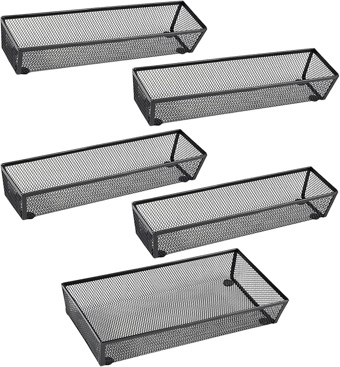 BYCY Silverware Drawer Organizer, Mesh Utensil Organizer for Kitchen Storage, Black Steel Metal Mesh Tray for Flatware Fork Spoon Knife… (12 * 3-5P-Black)