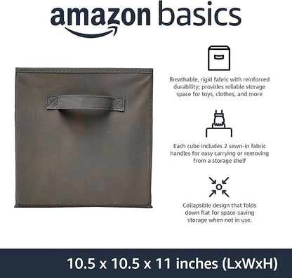 Amazon Basics Collapsible Fabric Storage Cubes Organizer with Handles, Sturdy, Foldable, Space-Saving, 10.5"x10.5"x11", Gray, 6-Pack
