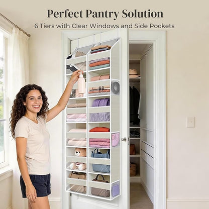 2-Pack Small 6 Tiers Over the Door Hanging Organizer, 6 Clear Pockets and 6 Mesh Pockets, 11.8” Wide for Narrow Cabinet Doors, French Doors in the Bathroom, Closet, RV