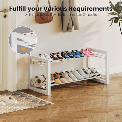 Homeiju Expandable Shoe Rack, 2 Tier Metal Shoe Shelf, Adjustable Shoe Stand for Sneakers, Boots, Heels, Heavy-Duty Steel Standing Shoe Organizer for Entryway, Closet, Bedroom, White
