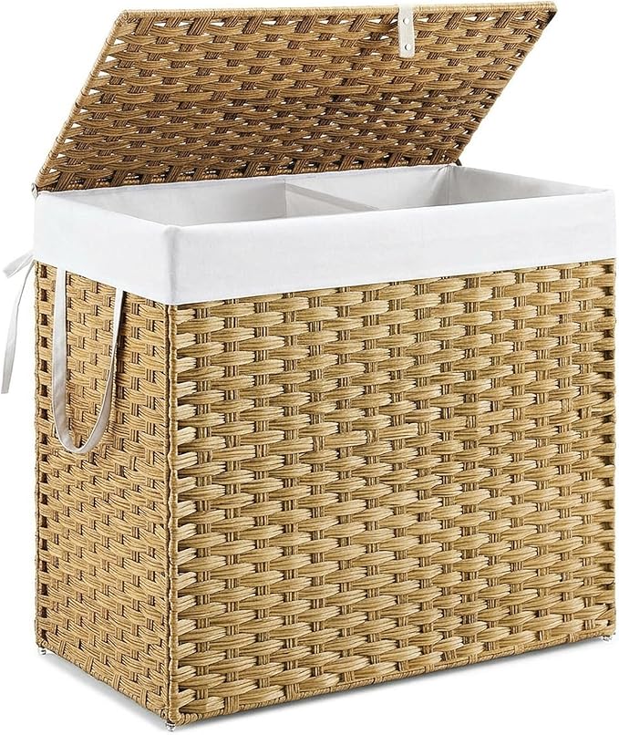 DUMOS Wicker Laundry Basket with Lid, 110L Woven Laundry Hamper with Handles, Foldable Rattan Clothes Hamper with Removable Liner & Sturdy Steel Frame, Goose Yellow