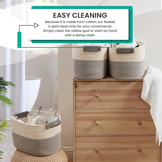 3 Pack Cotton Rope Storage Basket Woven Shelf Storage Bin with Faux Leather Handles, Decorative Closet Shelf Woven Basket for Storage Organizers, 15 x 10 x 9, White/Gray