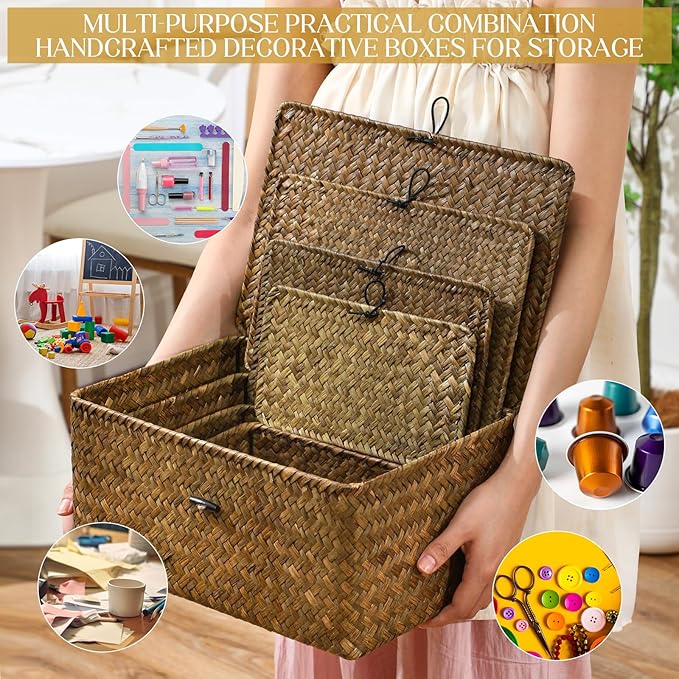 Woanger Set of 4 Wicker Storage Baskets Organizer，Handwoven Storage Bins with Lid for Organizing, Home Utility Box for Home Office Supplies Multipurpose Container(Retro Color)