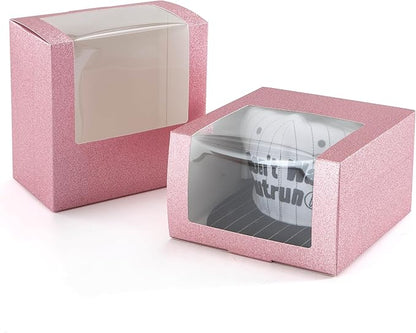 LADYBRO 10 Pack 7.8" x 7.8" x 4.8" Black Gift Boxes with Window Display for Hat Storage Containter for Baseball Caps (Fitted, Snapbacks, Trucker) (Glitter Pink, 7.8" x 7.8" x 4.8")