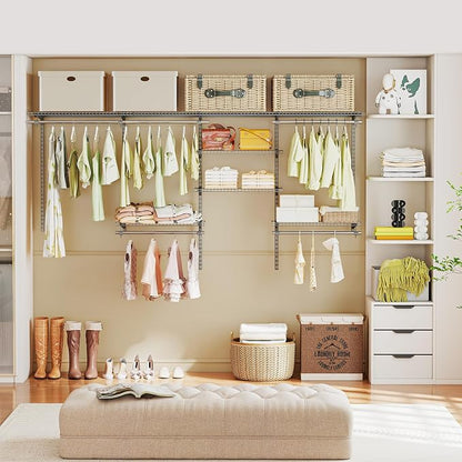 Tangkula 4 to 8 FT Custom Closet System, Wall Mounted Closet with Hanging Rod, Metal Hanging Storage Organizer Rack Wardrobe with Shelves, Adjustable Closet System Kit for Bedroom (Gray)