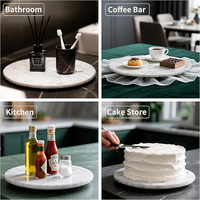Marble Lazy Susan, 12" Lazy Susan Board with Silent Rotating, Natural Marble Cake Turntable for Countertop Kitchen Turntable Storage, Cupcake, Food, Centerpieces
