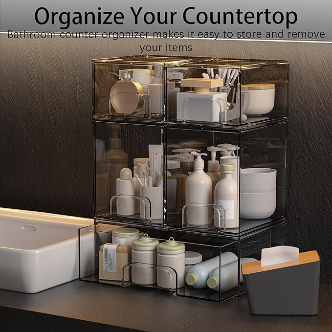 5 Pack Stackable Storage Drawers, Clear Plastic Organizer Bins with Pull-out Handle for Makeup, Ideal for Vanity, Bathroom, Undersink, Cabinet, Pantry Organization