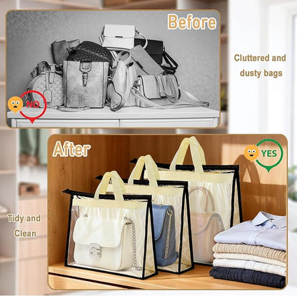 8 Pack Dust Bags for Handbags, Purse Storage Organizer for Closet, Clear Handbag Storage Organizer, Hanging Dust Cover Bag with Zipper and Handle with 8 S-Hooks(4 Assorted Sizes, Beige)