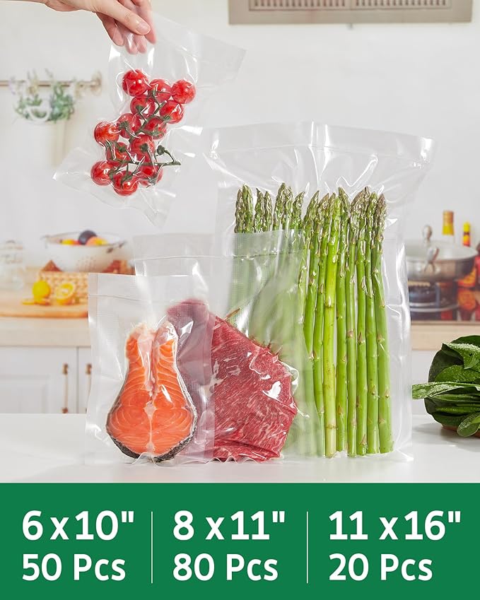Syntus 150 Count Vacuum Sealer Bags, 20 Gallon 11" x 16" and 80 Quart 8" x 12" and 50 Pint 6" x 10" for Seal a Meal, BPA Free Heavy Duty Precut Bags, Food Vac Bags for Storage, Meal Prep or Sous Vide