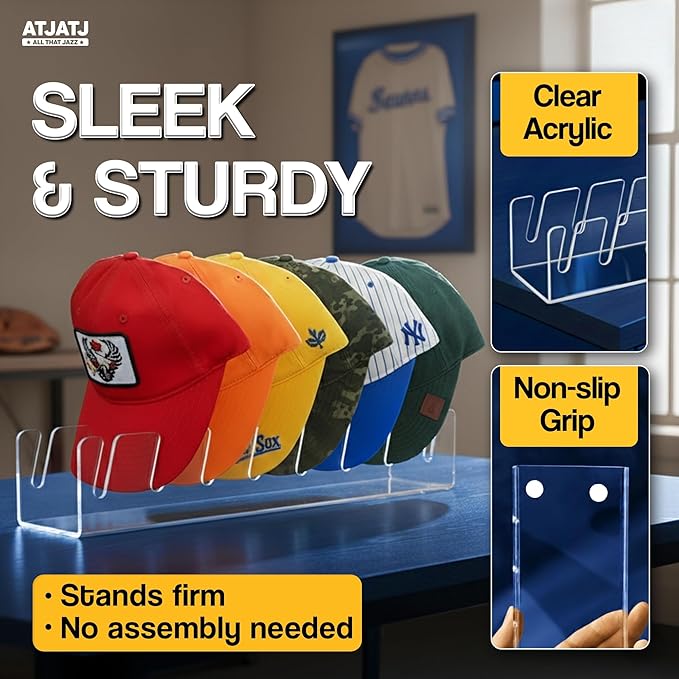 Hat Stand For Baseball Caps, 2 Pack No Install Clear Acrylic Hat Organizers for 14 Baseball Tennis Trucker Caps, Hat Storage Rack Display, Upgraded Anti-Slip Cap Holder For Closet, Bedroom, Dresser