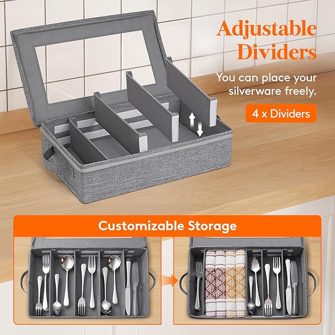 Lifewit Silverware Storage Box, Covered Flatware Organizer with Zipper Lid, 5 Compartment Cutlery Case with Adjustable Divider and Handle, Utensil Container for Spoon Fork Knives, 1 Pack