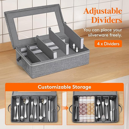 Lifewit Silverware Storage Box, Covered Flatware Organizer with Zipper Lid, 5 Compartment Cutlery Case with Adjustable Divider and Handle, Utensil Container for Spoon Fork Knives, 1 Pack