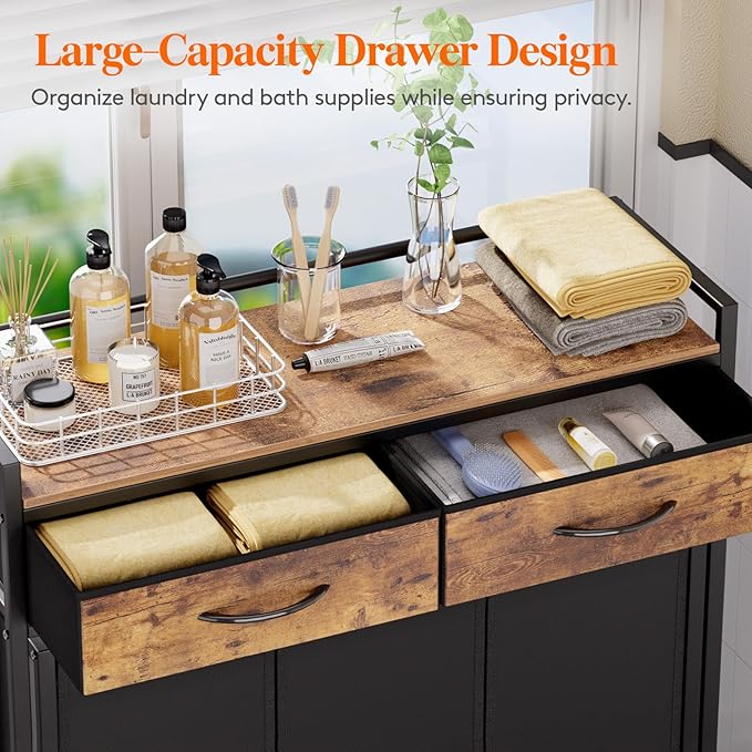 Lifewit Laundry Hamper 3 Section, Large Rolling Laundry Sorter with Shelf & 2 Drawers, Pull-Out Laundry Basket Organizer with Wheels and Removable Bag for Laundry Room Bathroom, Rustic Brown and Black
