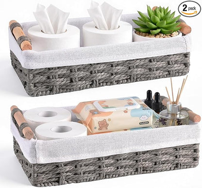 HomeHacks 2 Pack Storage Basket Paper Rope Baskets for Organizing with Handle Decorative Storage Bins for Countertop Toilet Paper Basket for Toilet Tank Top Small Baskets, Grey