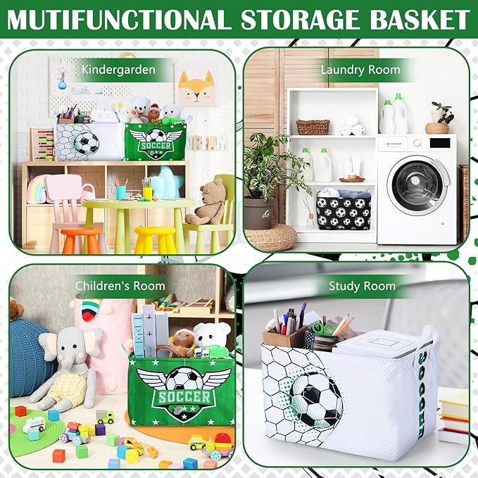 CHENGU 3 Pcs Soccer Baskets Storage Soccer Basket for Gifts Collapsible Waterproof Canvas Cube Sports Storage Bin Organizer with Handles for Clothes Toys Balls Shelf Nursery Boxes Decor