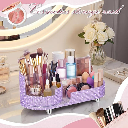 Teen Girls Mother's Day 360 Rotating Bling Makeup Organizer Gift Rhinestone Diamond Bathroom Organizer Girly Skin Care Brush Holder for Countertop, Bathroom Essentials(Purple,Pearl)