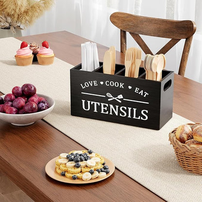 Extra Large Utensil Holder for Kitchen Counter with 4 Compartments, Kitchen Cooking Utensils Holder for Countertop,Black Wooden Utensil Caddy for Farmhouse Spatula,Cutlery,Wood Wall Mounted Organizer