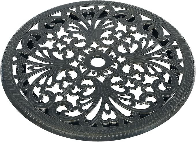 VIVIJASON 24" Cast Aluminum Lazy Susan Turntable, 360° Rotating Display Tray with Silent Bearings, Round Table Top Swivel Serving Plate with Umbrella Hole for Outdoor Dining Table, Floral Style