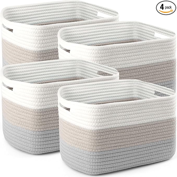 4 Pack Storage Baskets for Organizing, 12''Lx9''Wx8''H Woven Baskets for Storage Toys, Towels, Books, and Clothes, Cotton Rope Basket for Shelves with Handle White & Brown